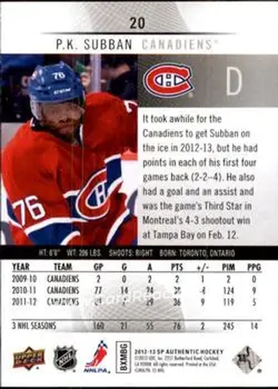 2012-13 SP Authentic #20 - P.K. Subban - Montreal Canadiens - Back