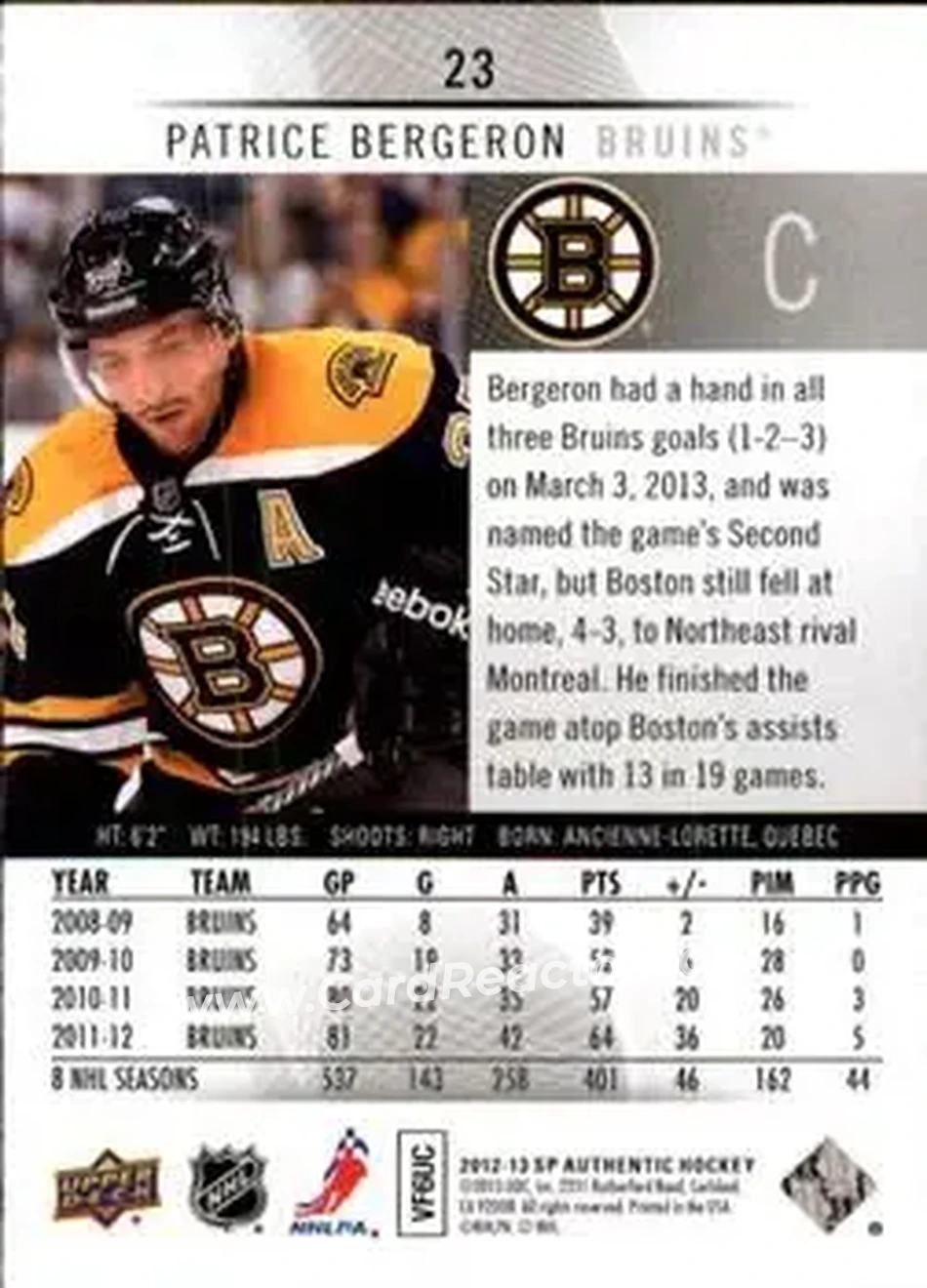 2012-13 SP Authentic #23 - Patrice Bergeron - Boston Bruins - Back