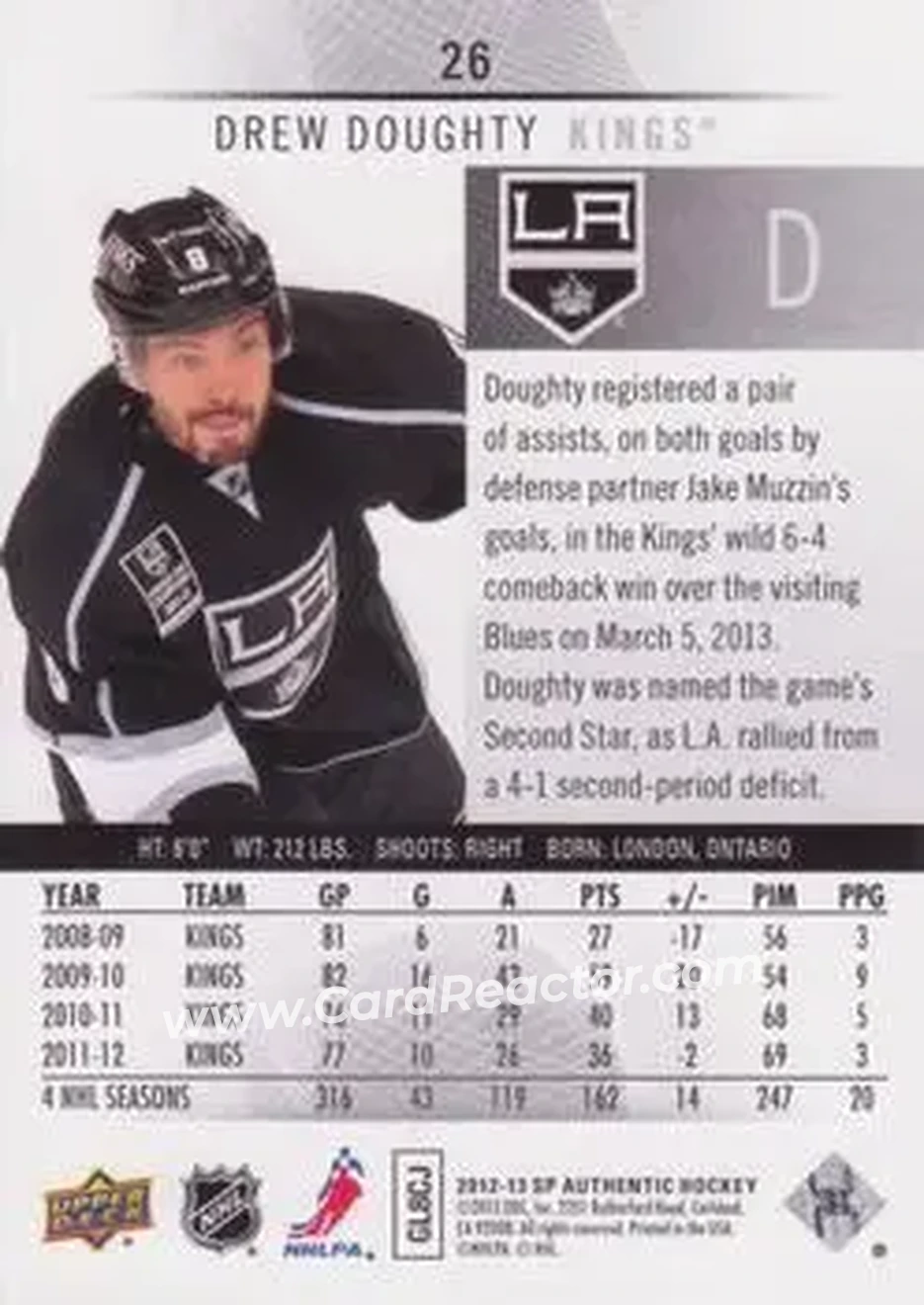 2012-13 SP Authentic #26 - Drew Doughty - Los Angeles Kings - Back