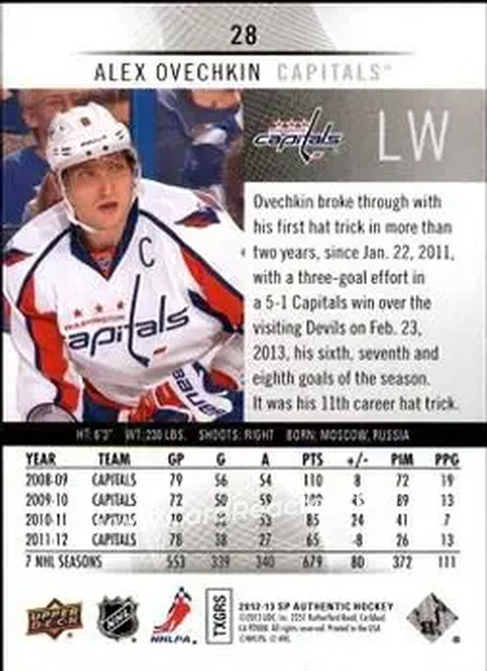 2012-13 SP Authentic #28 - Alex Ovechkin - Washington Capitals - Back