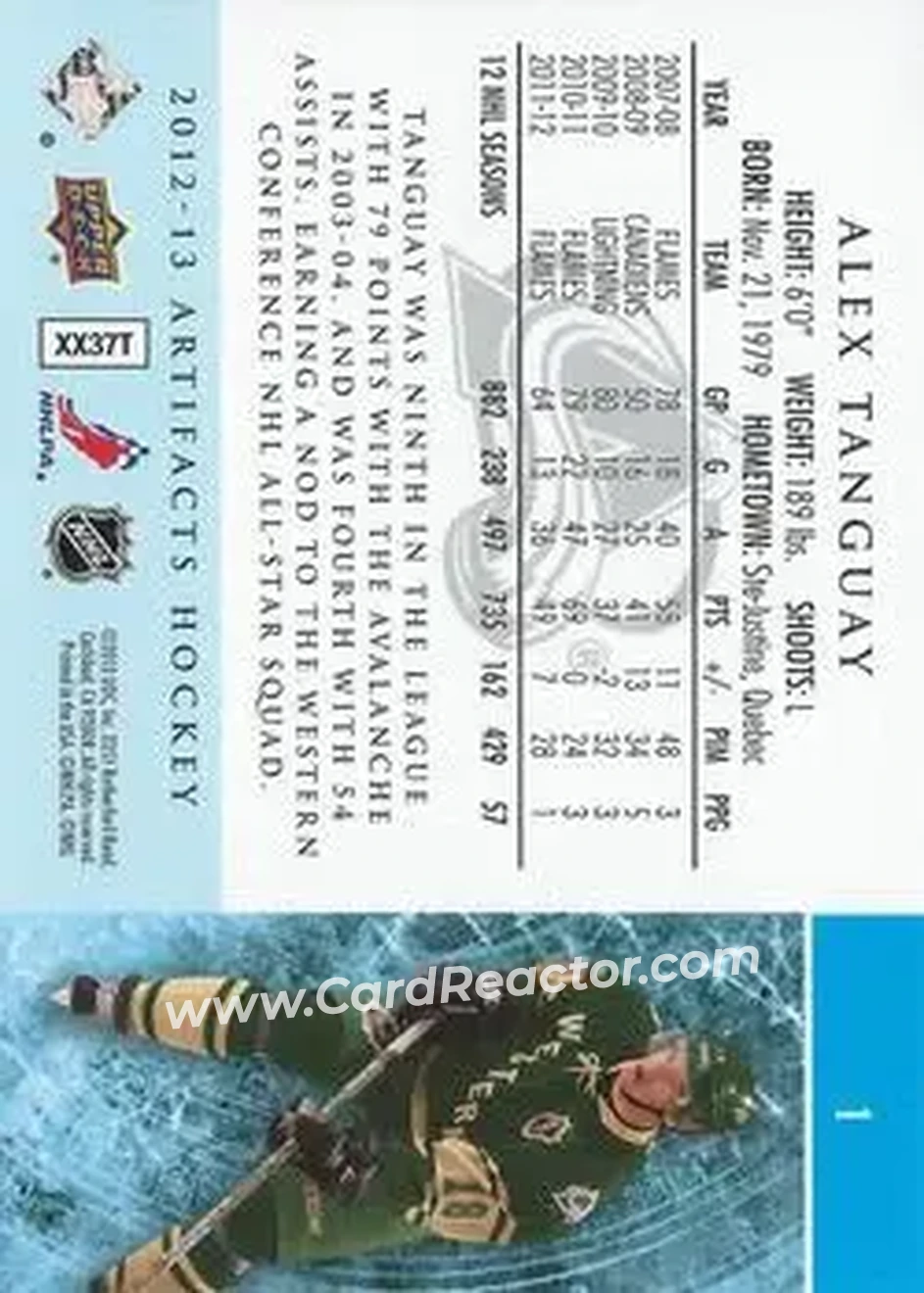 2012-13 Upper Deck Artifacts #1 - Alex Tanguay - Colorado Avalanche - Back