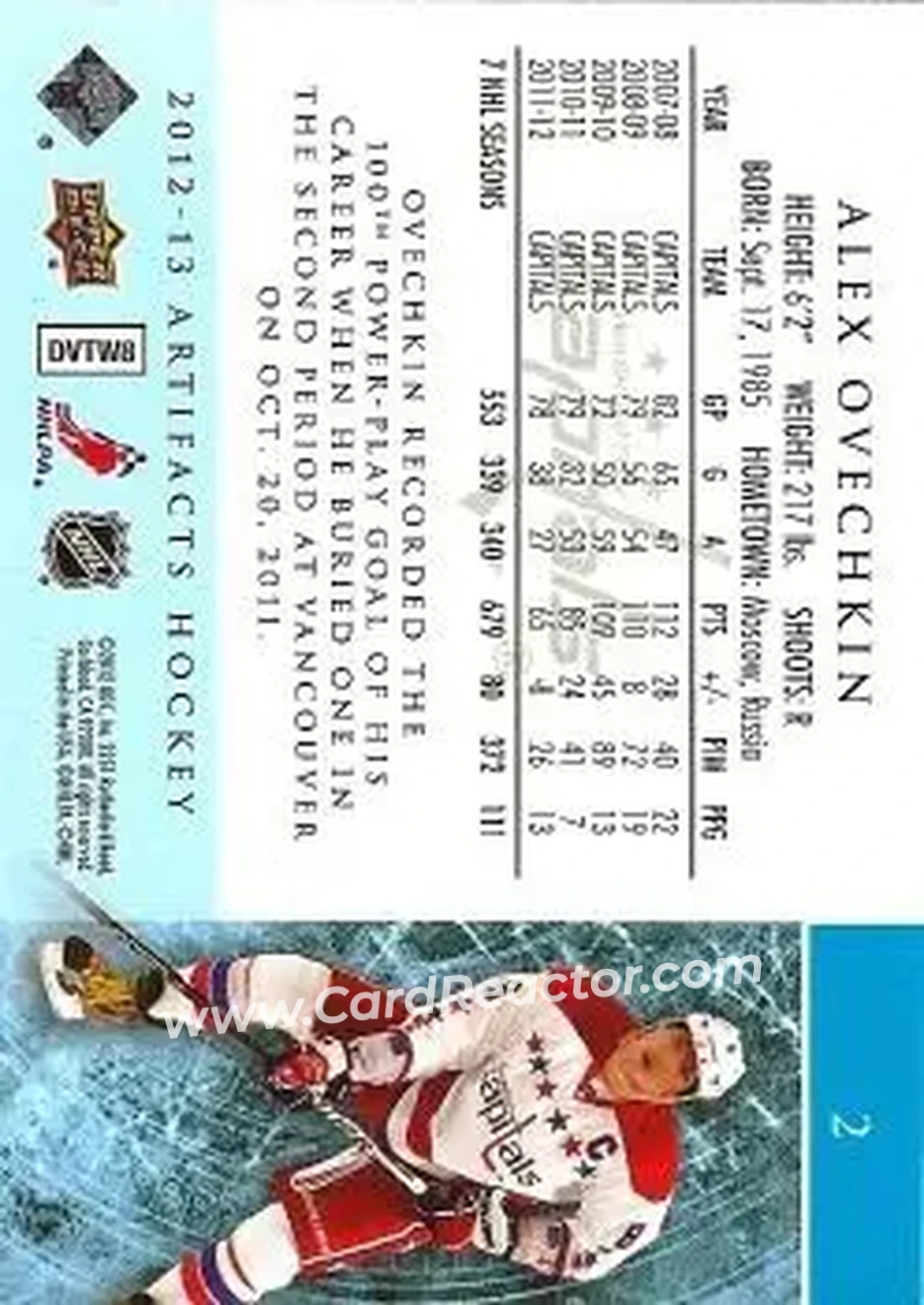2012-13 Upper Deck Artifacts #2 - Alex Ovechkin - Washington Capitals - Back