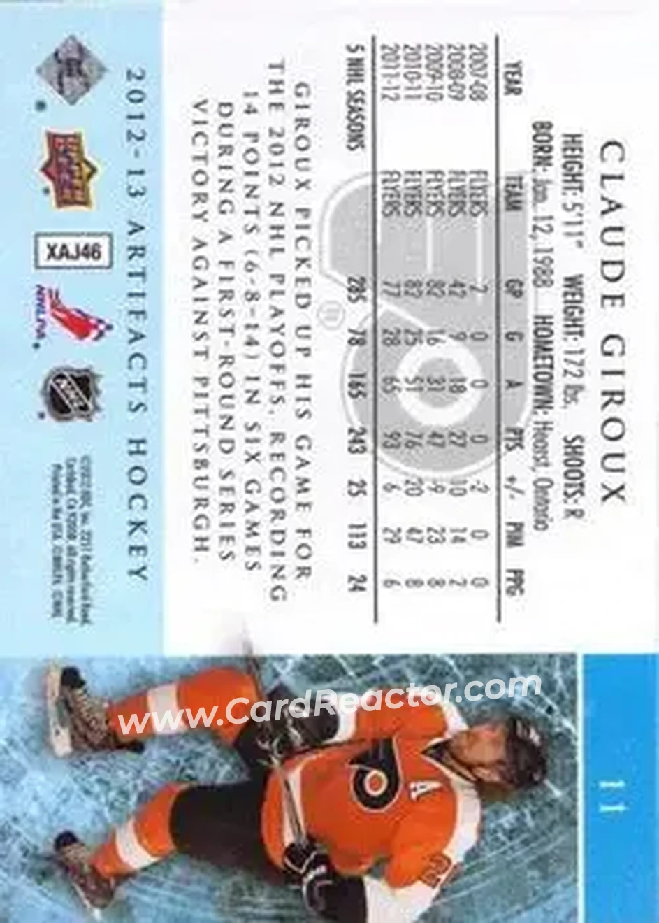 2012-13 Upper Deck Artifacts #11 - Claude Giroux - Philadelphia Flyers - Back