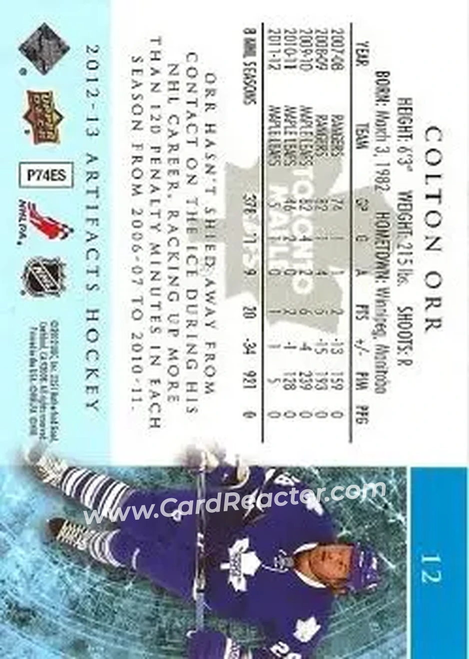 2012-13 Upper Deck Artifacts #12 - Colton Orr - Toronto Maple Leafs - Back