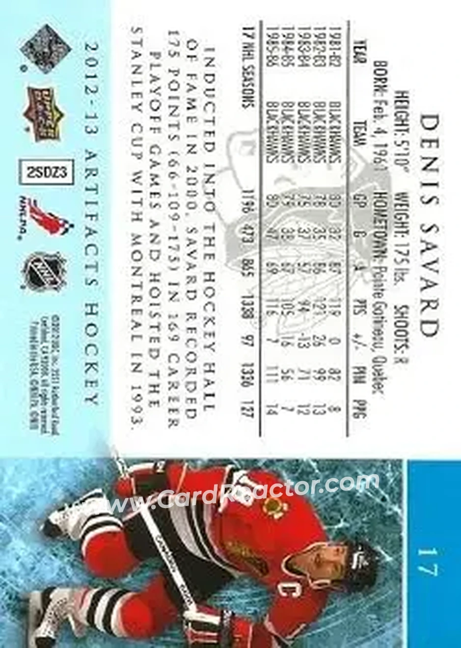 2012-13 Upper Deck Artifacts #17 - Denis Savard - Chicago Blackhawks - Back