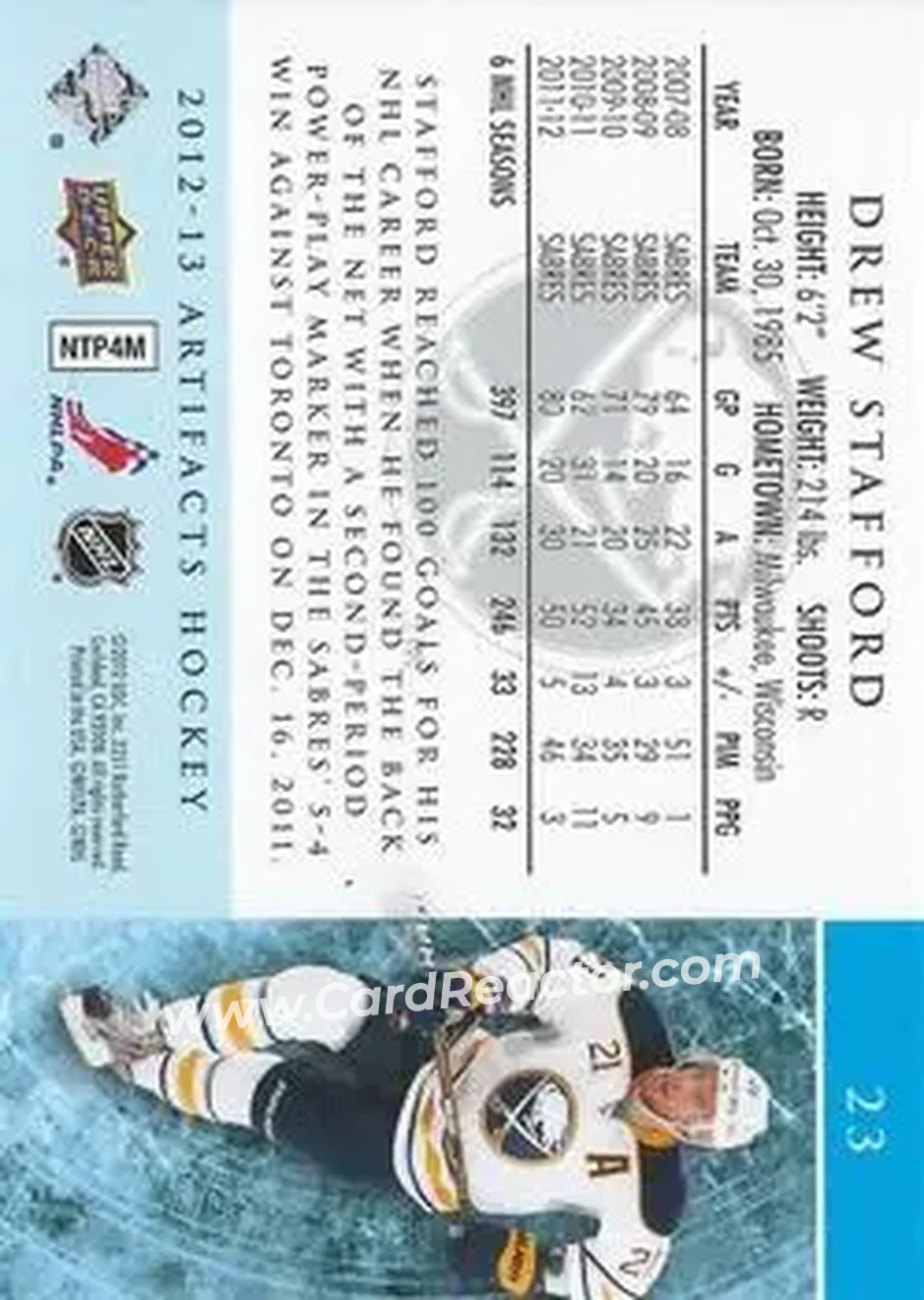 2012-13 Upper Deck Artifacts #23 - Drew Stafford - Buffalo Sabres - Back
