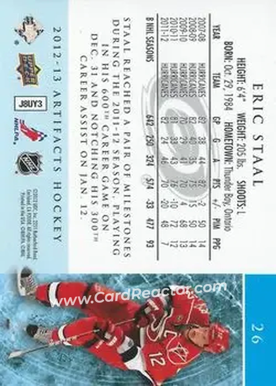 2012-13 Upper Deck Artifacts #26 - Eric Staal - Carolina Hurricanes - Back
