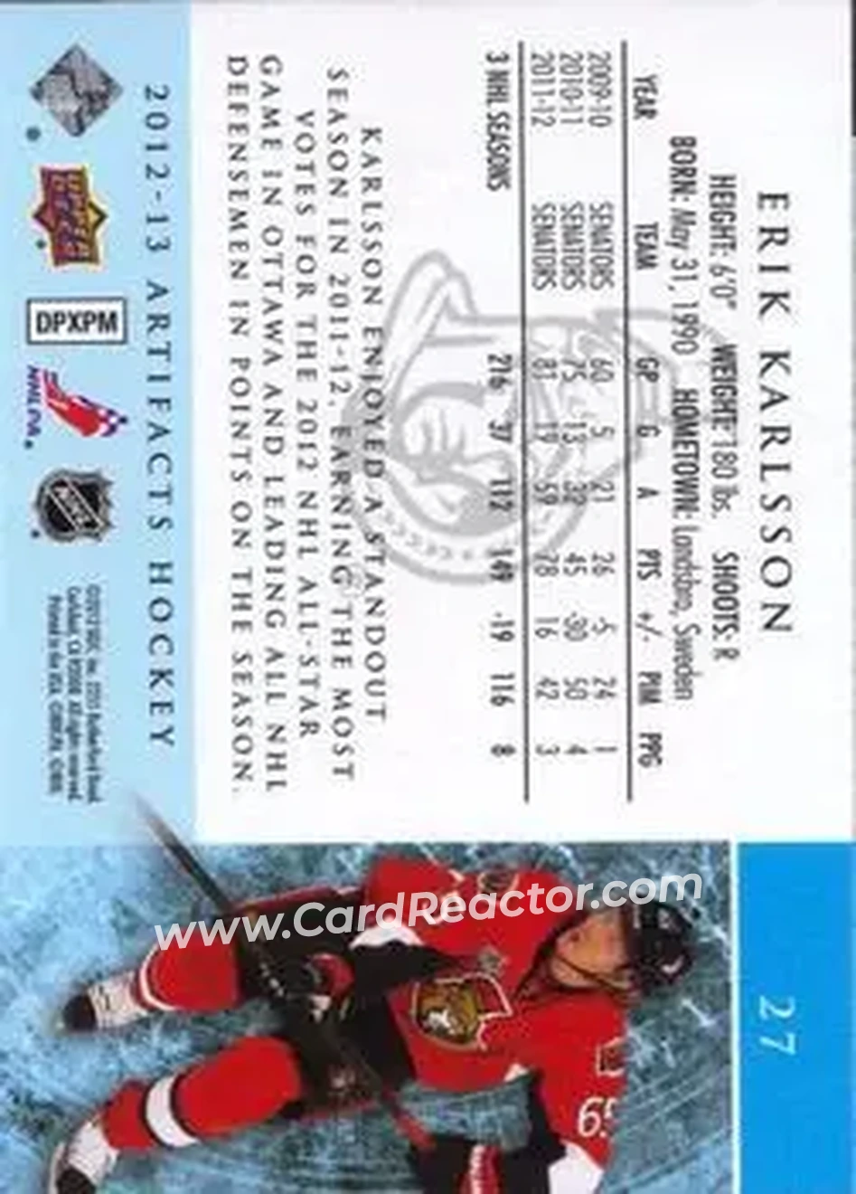 2012-13 Upper Deck Artifacts #27 - Erik Karlsson - Ottawa Senators - Back