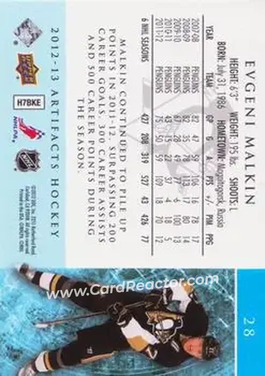 2012-13 Upper Deck Artifacts #28 - Evgeni Malkin - Pittsburgh Penguins - Back 2012-13 Upper Deck Artifacts #28 - Evgeni Malkin - Pittsburgh Penguins - Back