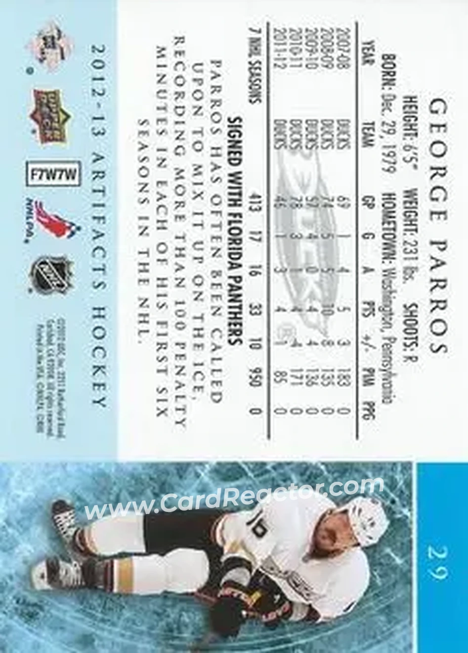 2012-13 Upper Deck Artifacts #29 - George Parros - Florida Panthers - Back