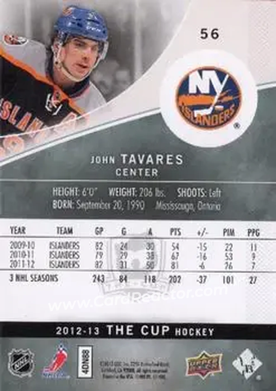 2012-13 Upper Deck The Cup #56 - John Tavares - New York Islanders - Back