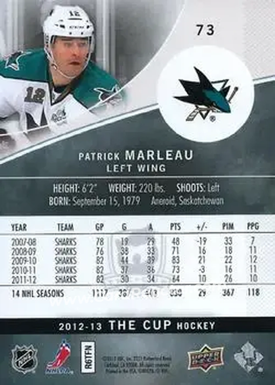 2012-13 Upper Deck The Cup #73 - Patrick Marleau - San Jose Sharks - Back