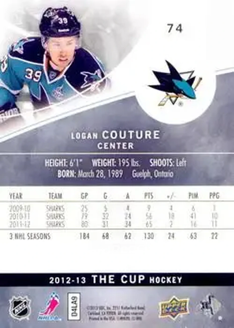 2012-13 Upper Deck The Cup #74 - Logan Couture - San Jose Sharks - Back