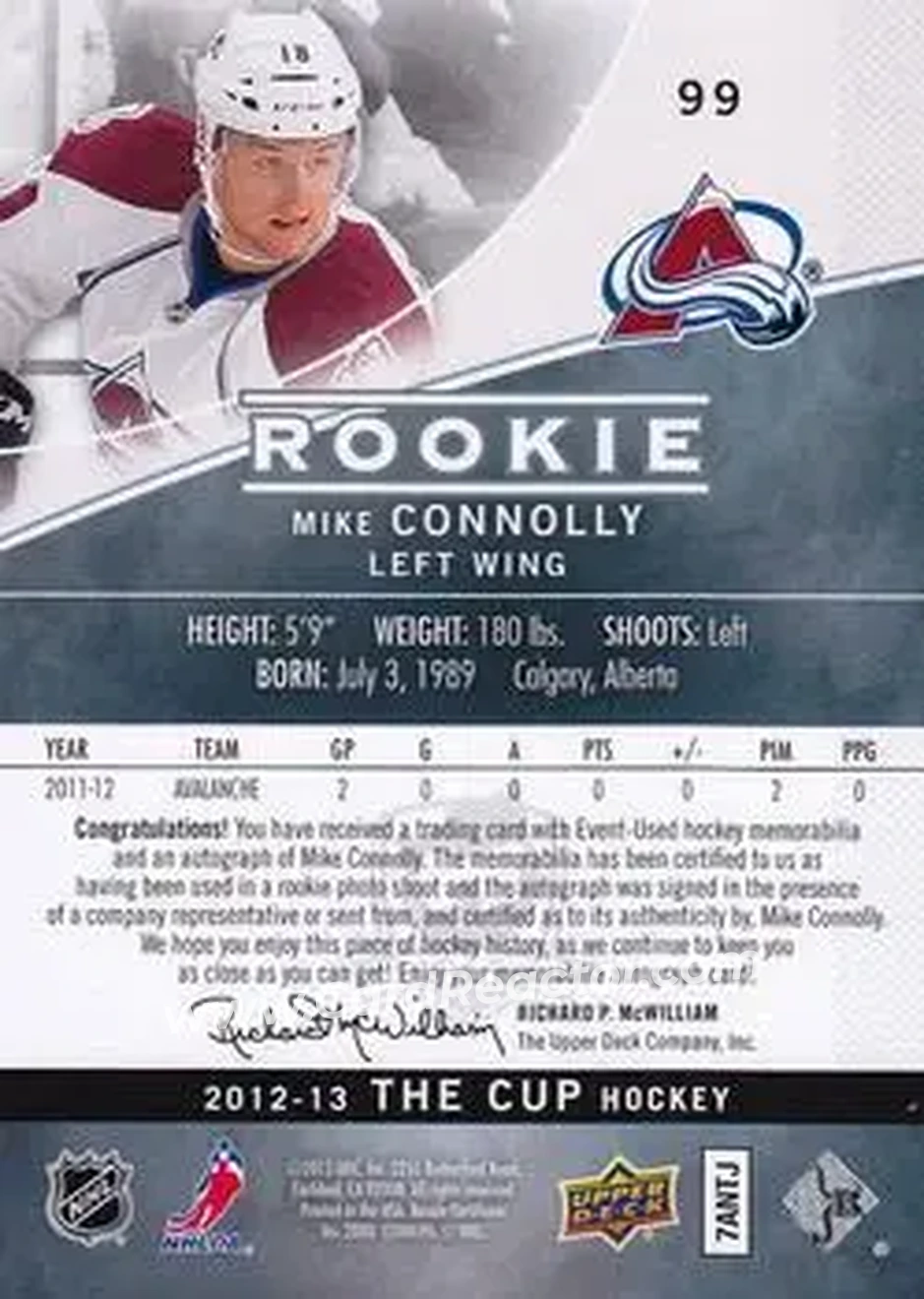 2012-13 Upper Deck The Cup #99 - Mike Connolly - Colorado Avalanche - Back