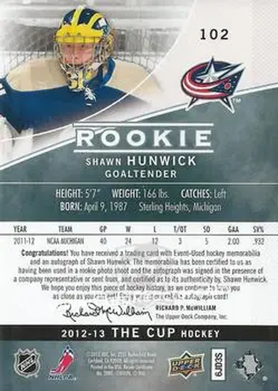 2012-13 Upper Deck The Cup #102 - Shawn Hunwick - Columbus Blue Jackets - Back