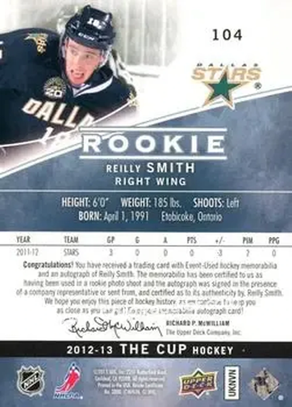 2012-13 Upper Deck The Cup #104 - Reilly Smith - Dallas Stars - Back 2012-13 Upper Deck The Cup #104 - Reilly Smith - Dallas Stars - Back