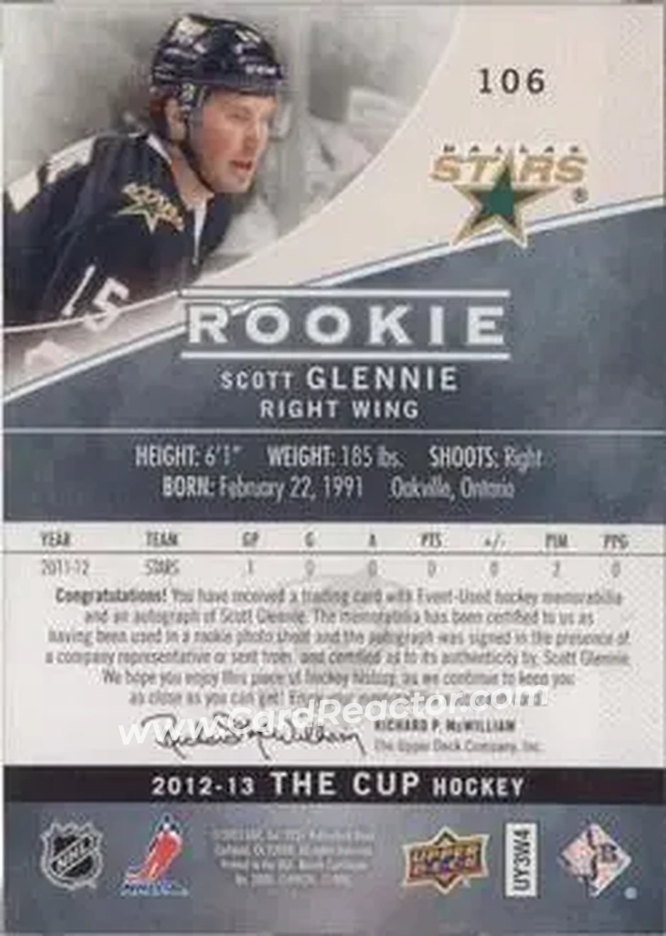 2012-13 Upper Deck The Cup #106 - Scott Glennie - Dallas Stars - Back