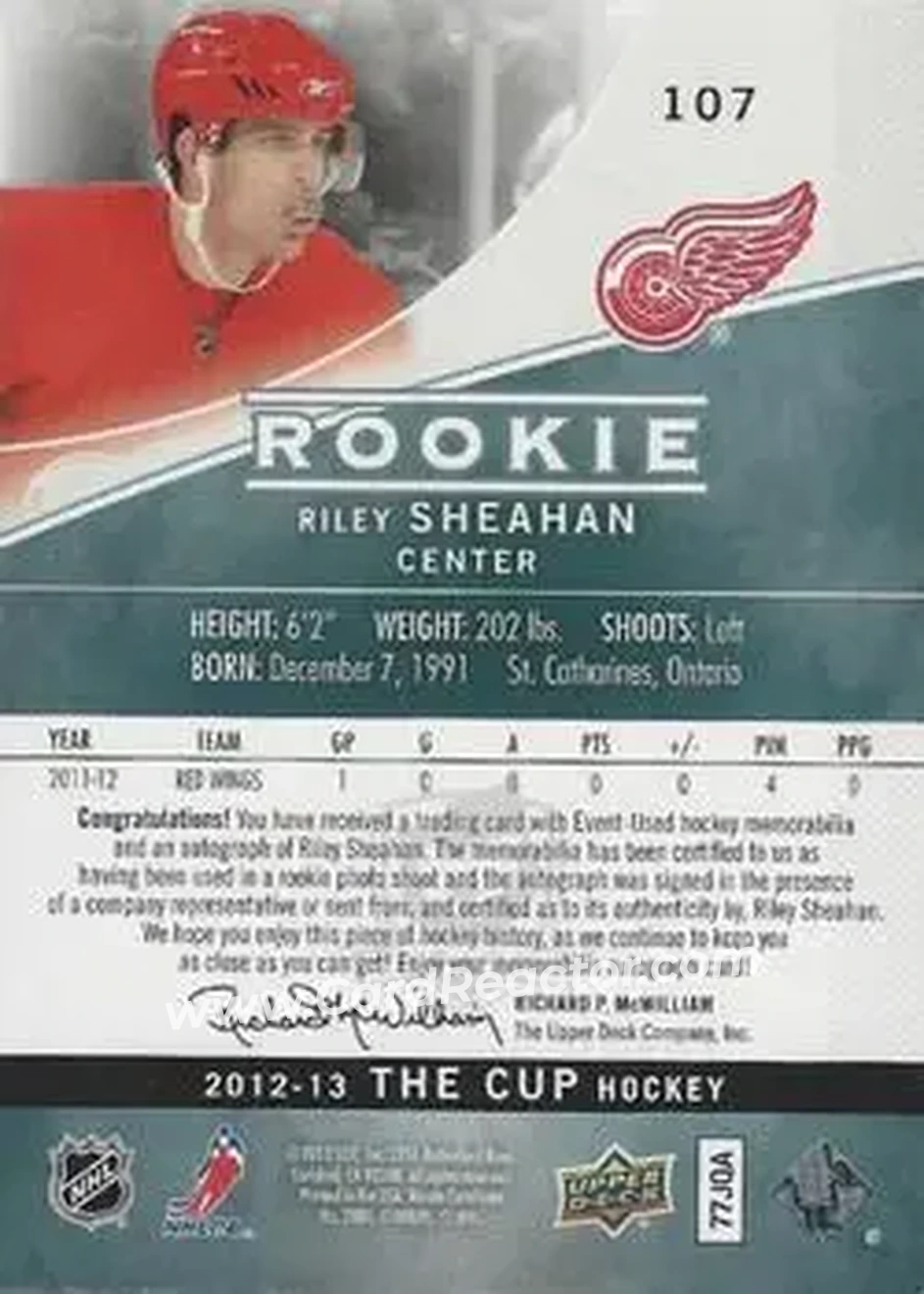 2012-13 Upper Deck The Cup #107 - Riley Sheahan - Detroit Red Wings - Back