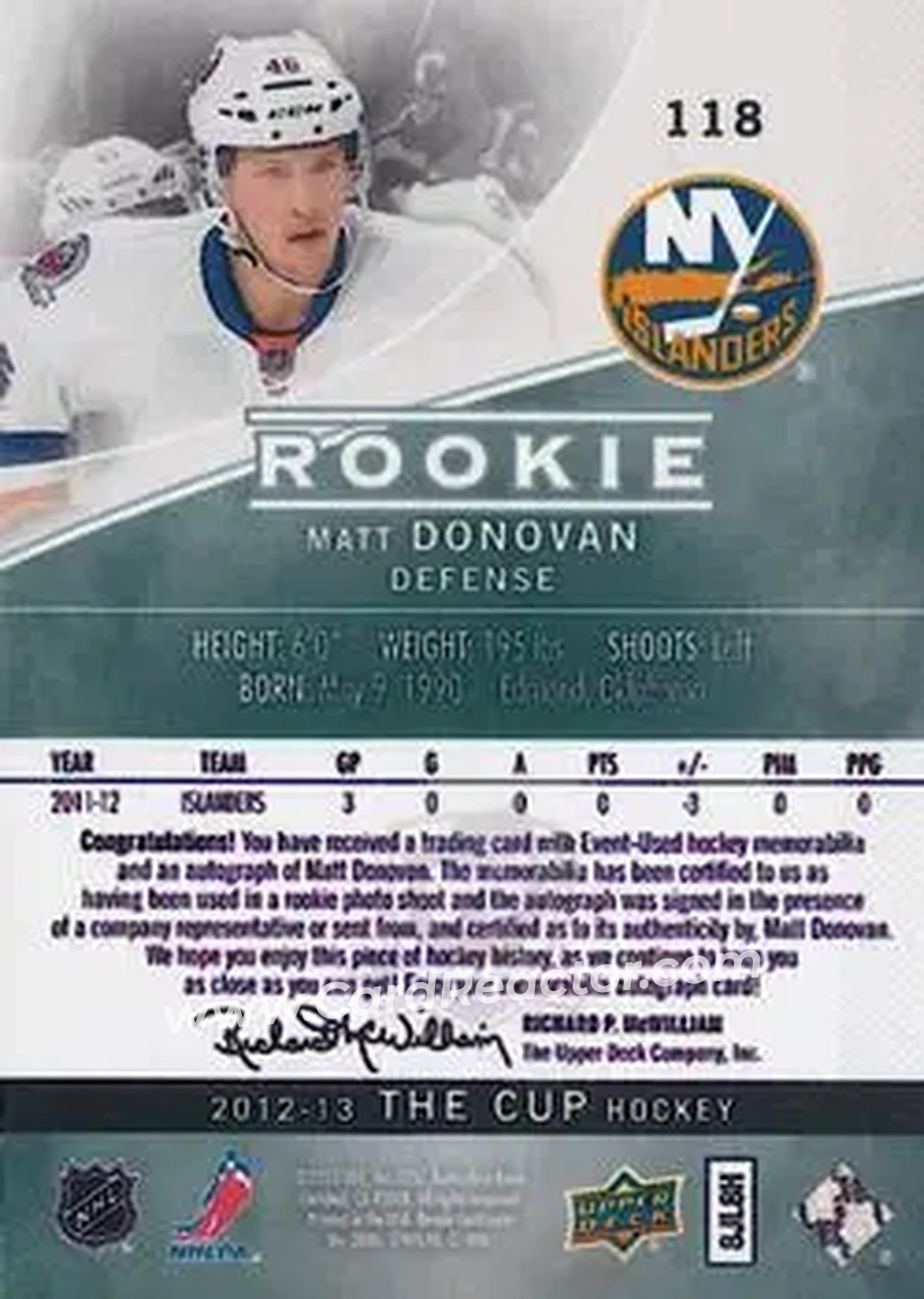 2012-13 Upper Deck The Cup #118 - Matt Donovan - New York Islanders - Back