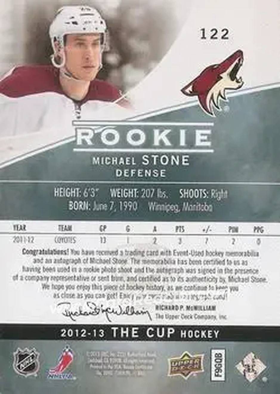 2012-13 Upper Deck The Cup #122 - Michael Stone - Phoenix Coyotes - Back