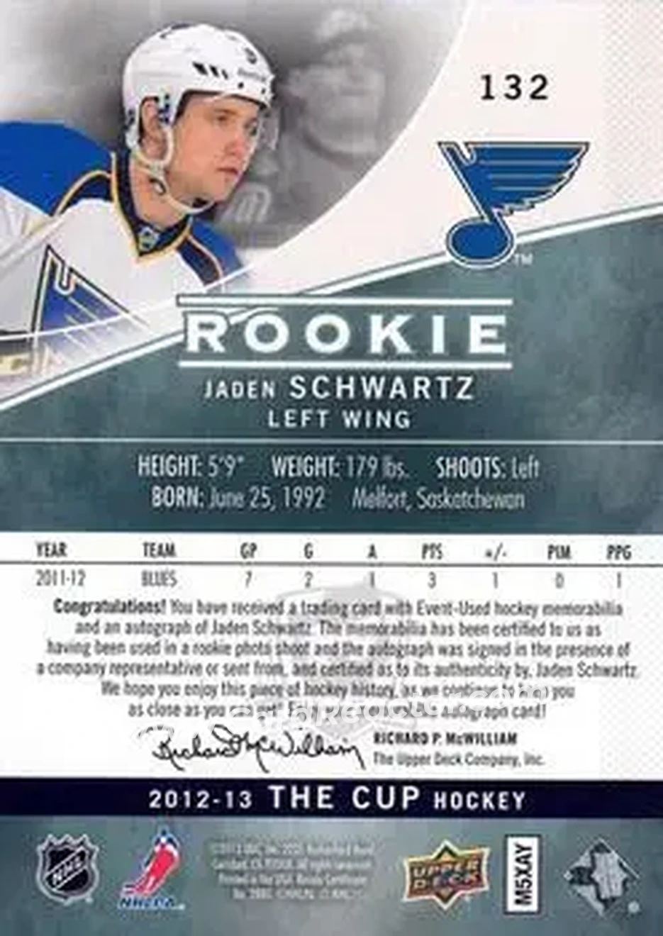 2012-13 Upper Deck The Cup #132 - Jaden Schwartz - St. Louis Blues - Back