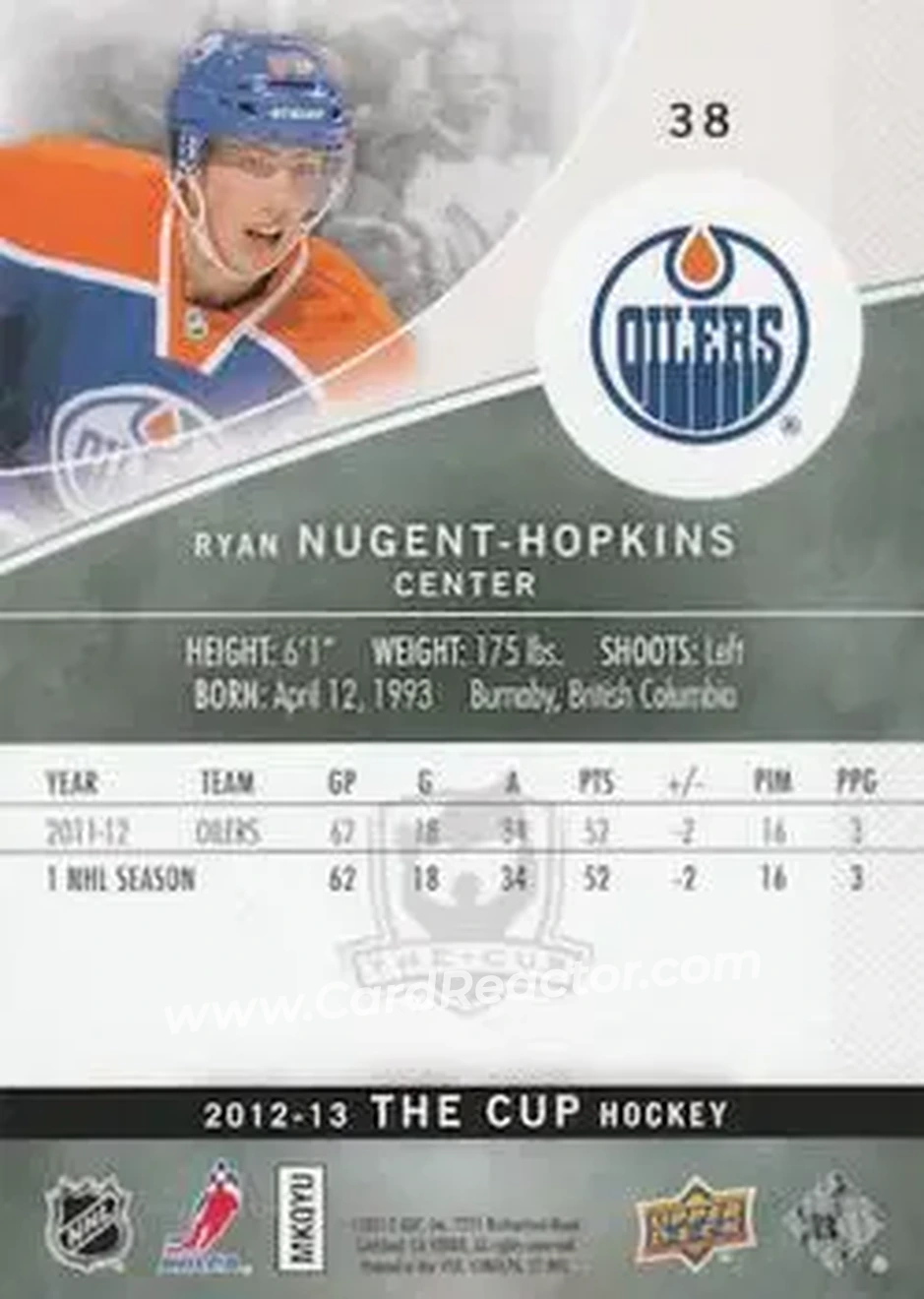 2012-13 Upper Deck The Cup - Black #38 - Ryan Nugent-Hopkins - Edmonton Oilers - Back
