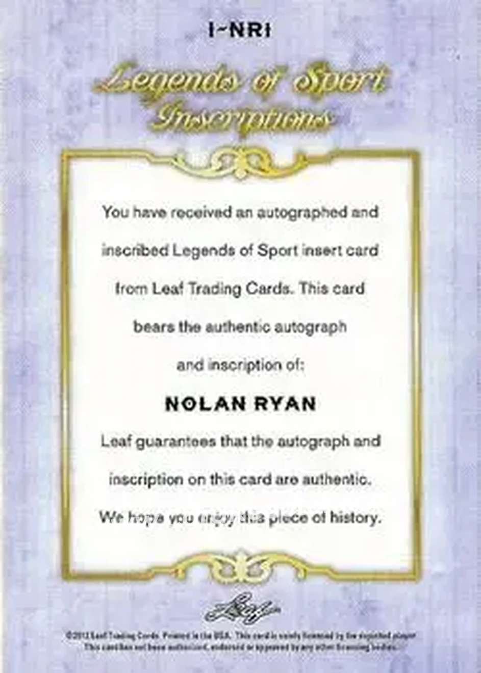 2012 Leaf Inscriptions #INR1 - Nolan Ryan - Houston Astros - Back