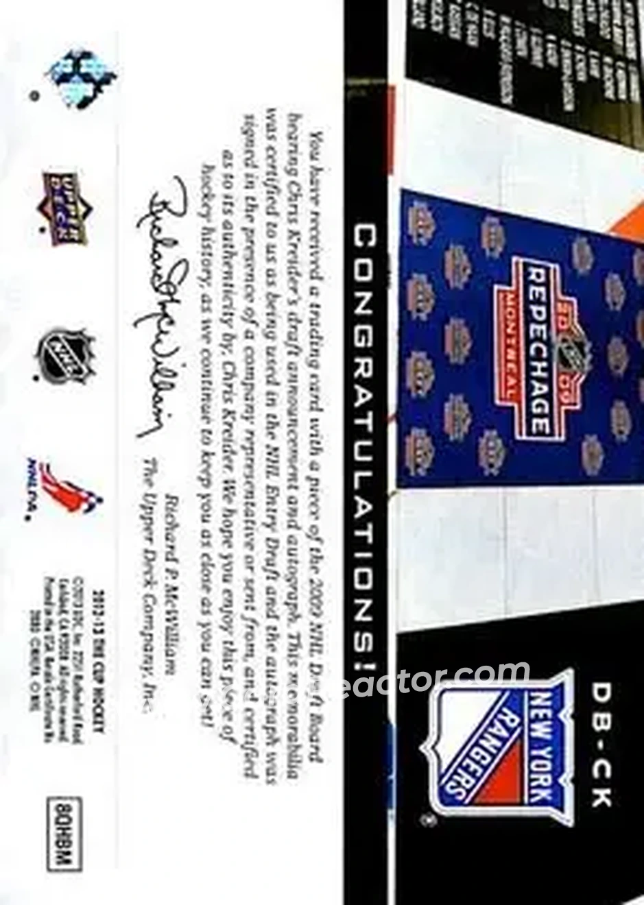 2012-13 Upper Deck The Cup - Auto Draft Boards #DB-CK - Chris Kreider - New York Rangers - Back