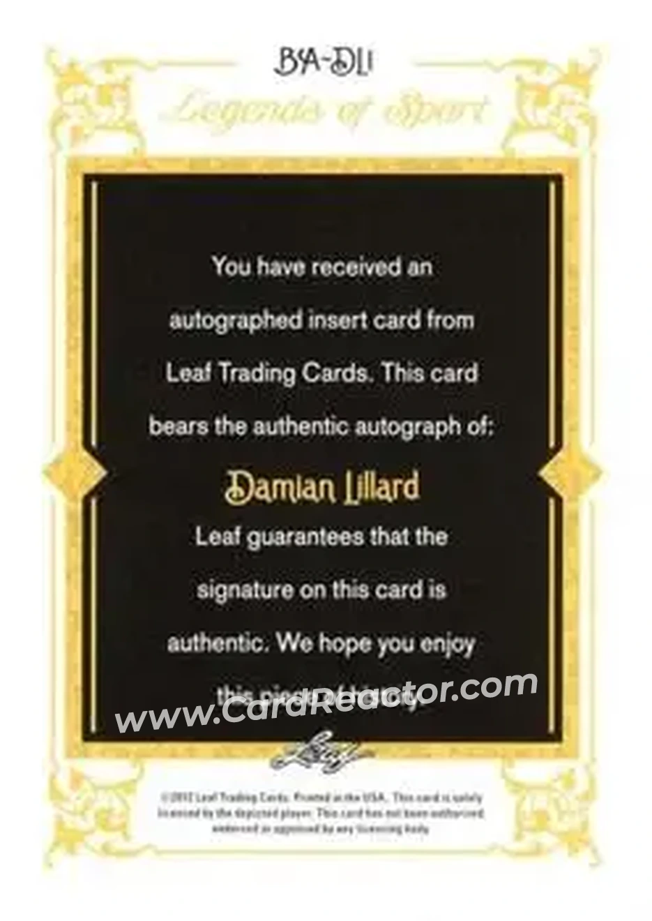 2012 Leaf Legends of Sport #BA-DL1 - Damian Lillard - Back