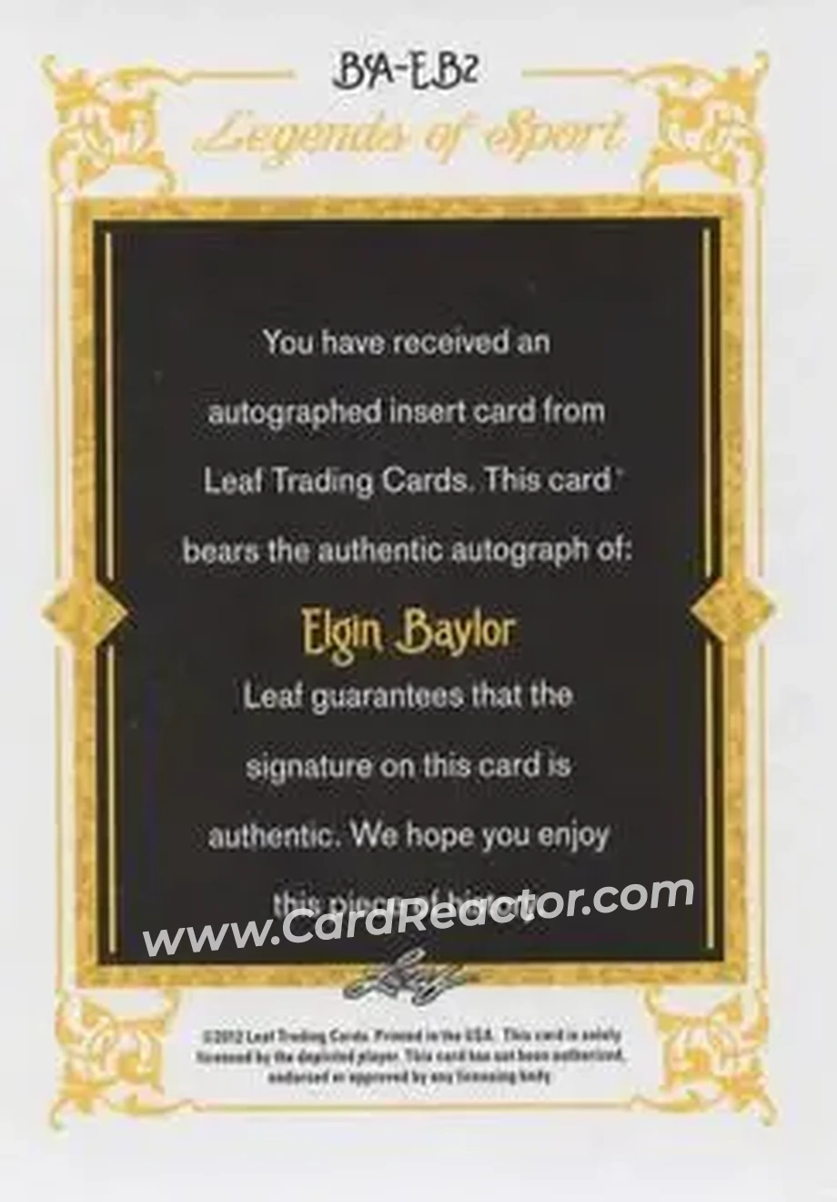 2012 Leaf Legends of Sport #BA-EB2 - Elgin Baylor - Back