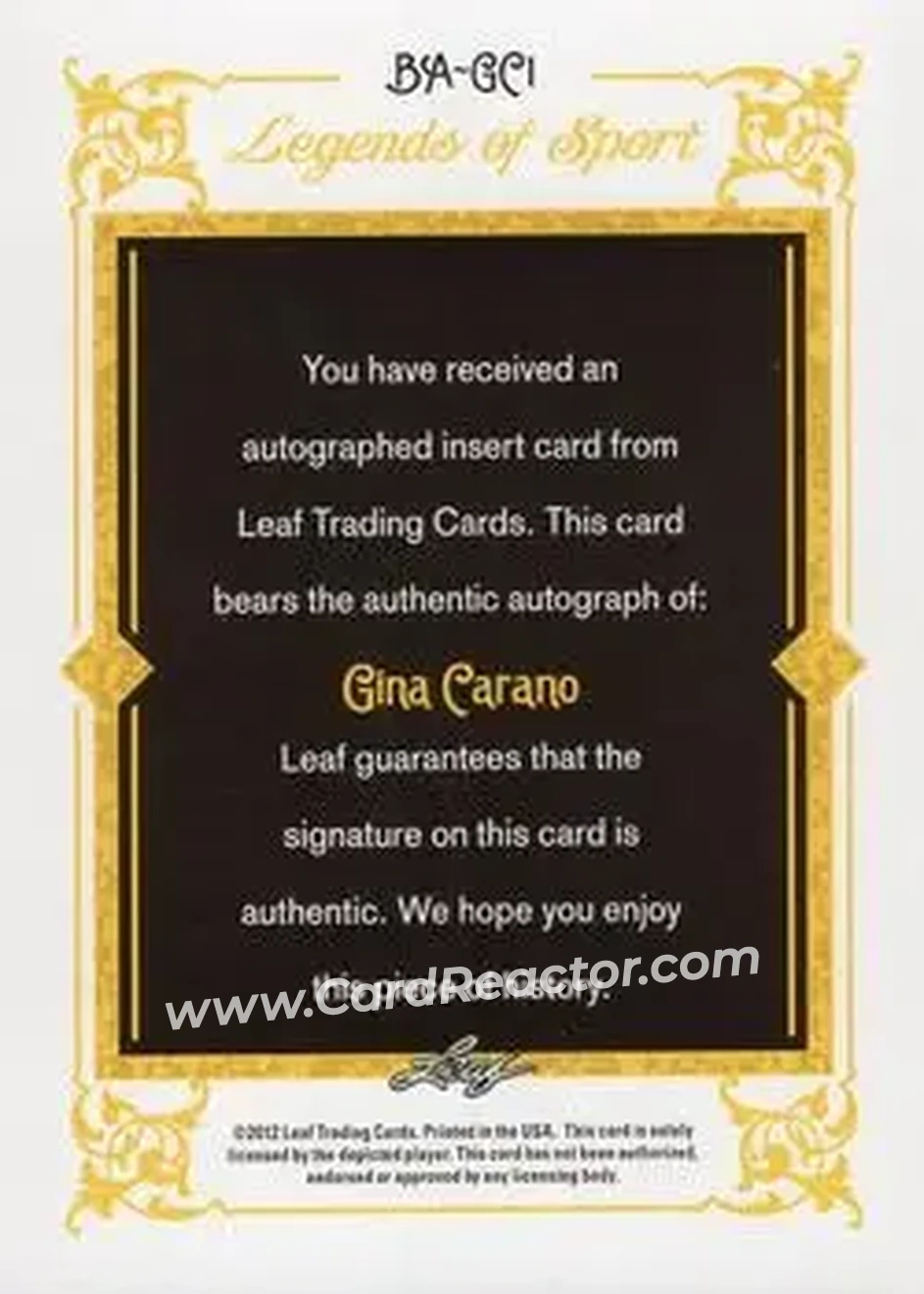 2012 Leaf Legends of Sport #BA-GC1 - Gina Carano - Back