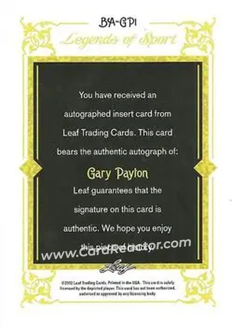 2012 Leaf Legends of Sport #BA-GP1 - Gary Payton - Back
