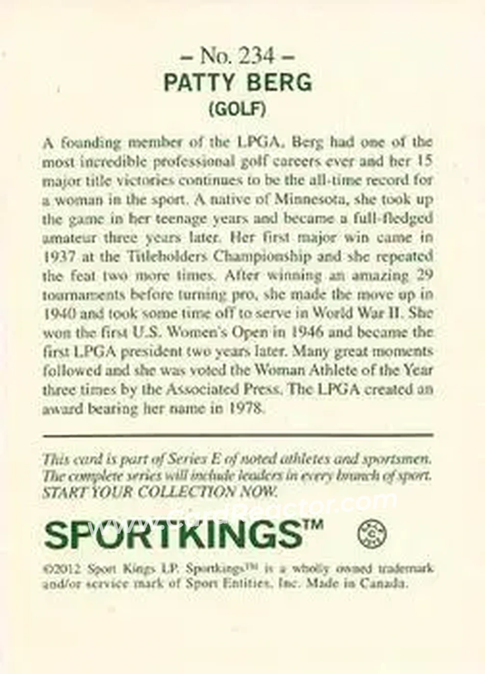 2012 Sportkings Series E #234 - Patty Berg - Back