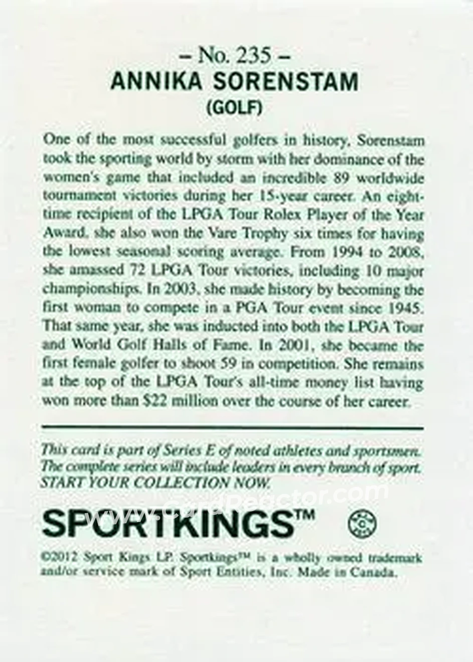 2012 Sportkings Series E #235 - Annika Sorenstam - Back