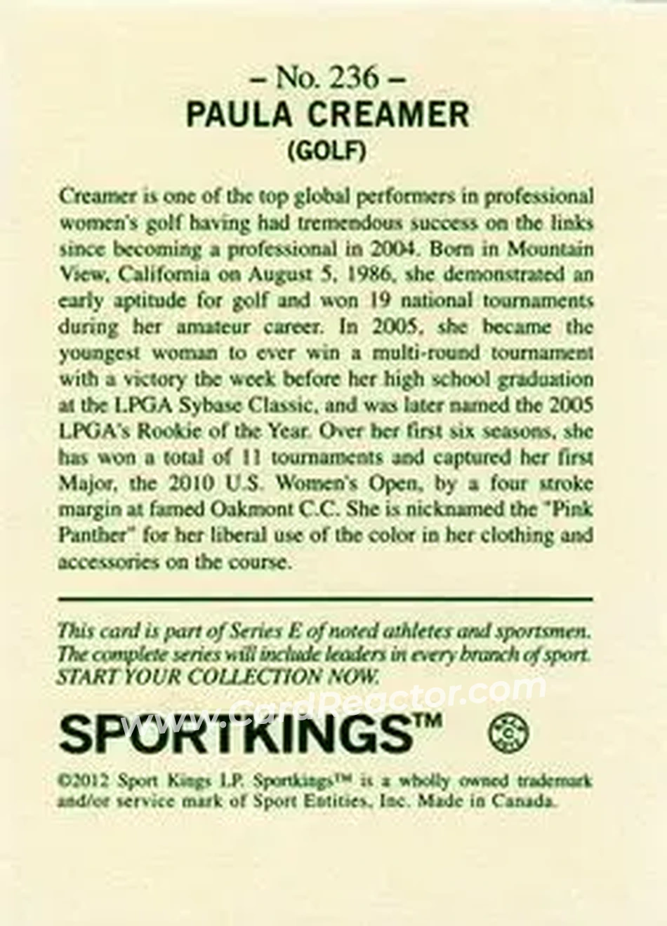 2012 Sportkings Series E #236 - Paula Creamer - Back