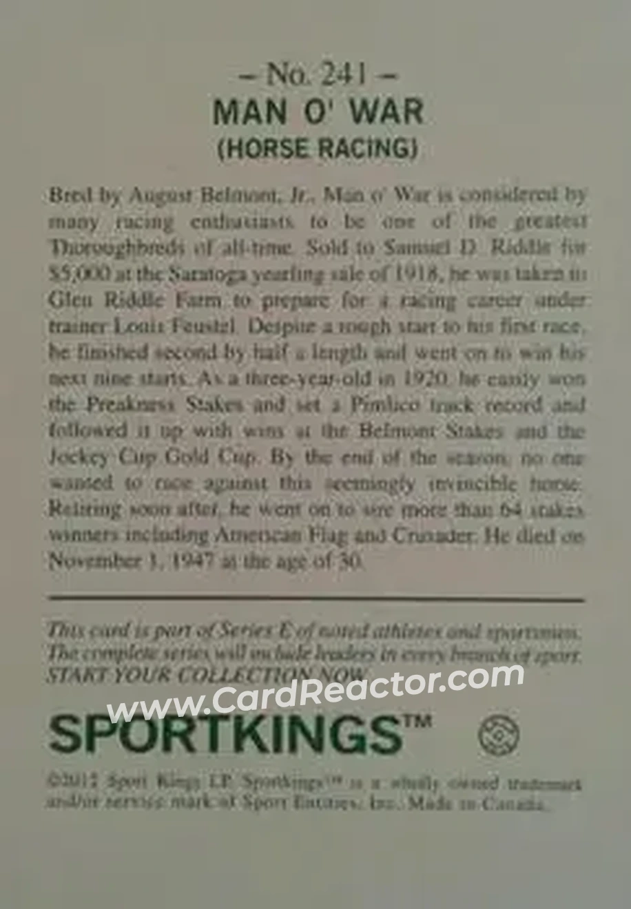 2012 Sportkings Series E #241 - Man O' War - Back