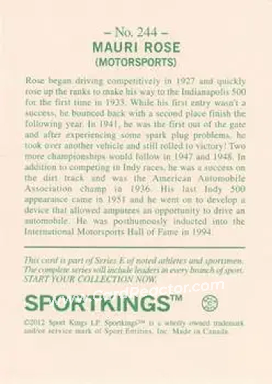 2012 Sportkings Series E #244 - Mauri Rose - Back