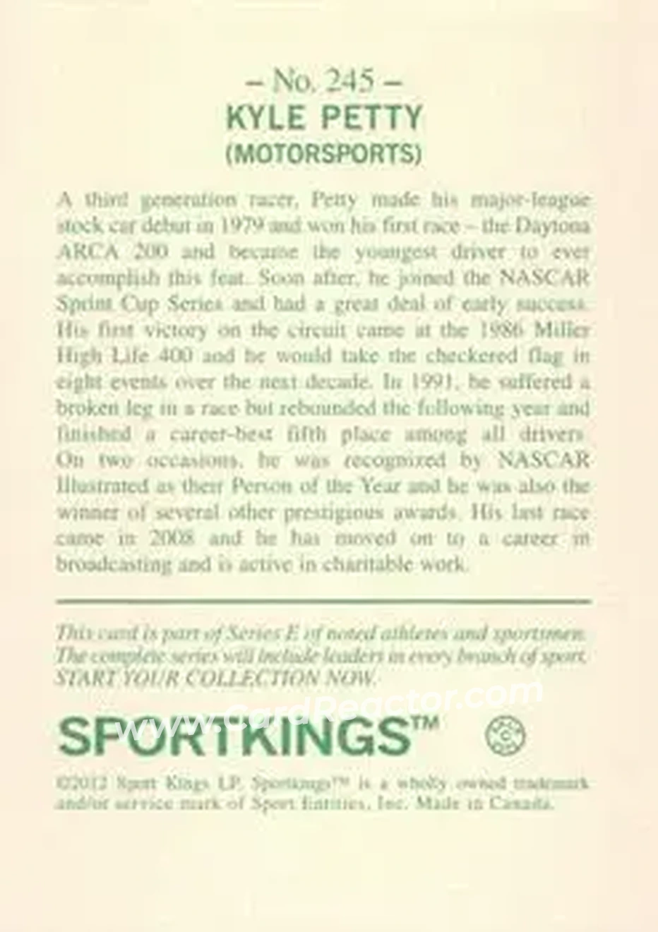 2012 Sportkings Series E #245 - Kyle Petty - Petty Enterprises - Back