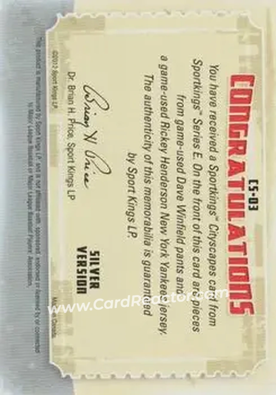 2012 Sportkings Series E - Cityscapes Silver Version #CS-03 - Dave Winfield - Rickey Henderson MEM, PR30 - New York Yankees - New York Yankees - Back