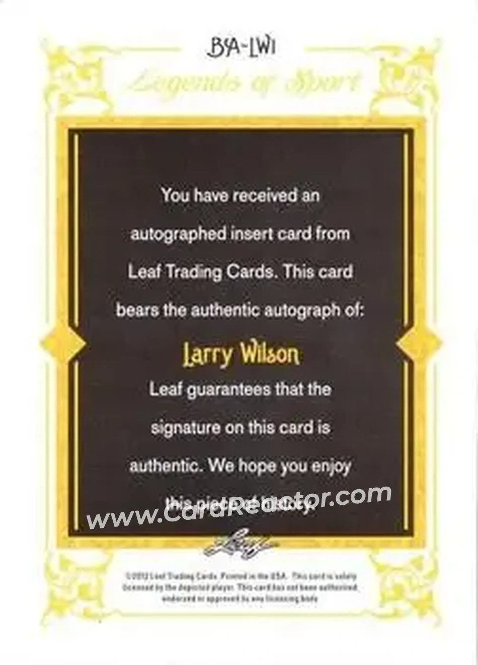 2012 Leaf Legends of Sport #BA-LW1 - Larry Wilson - Back