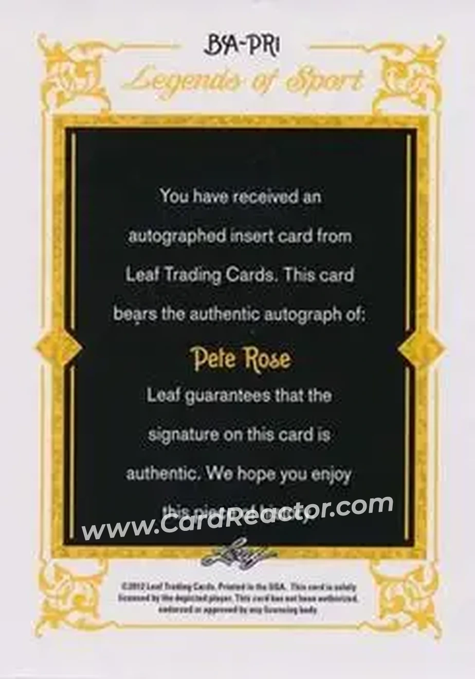 2012 Leaf Legends of Sport #BA-PR1 - Pete Rose - Back