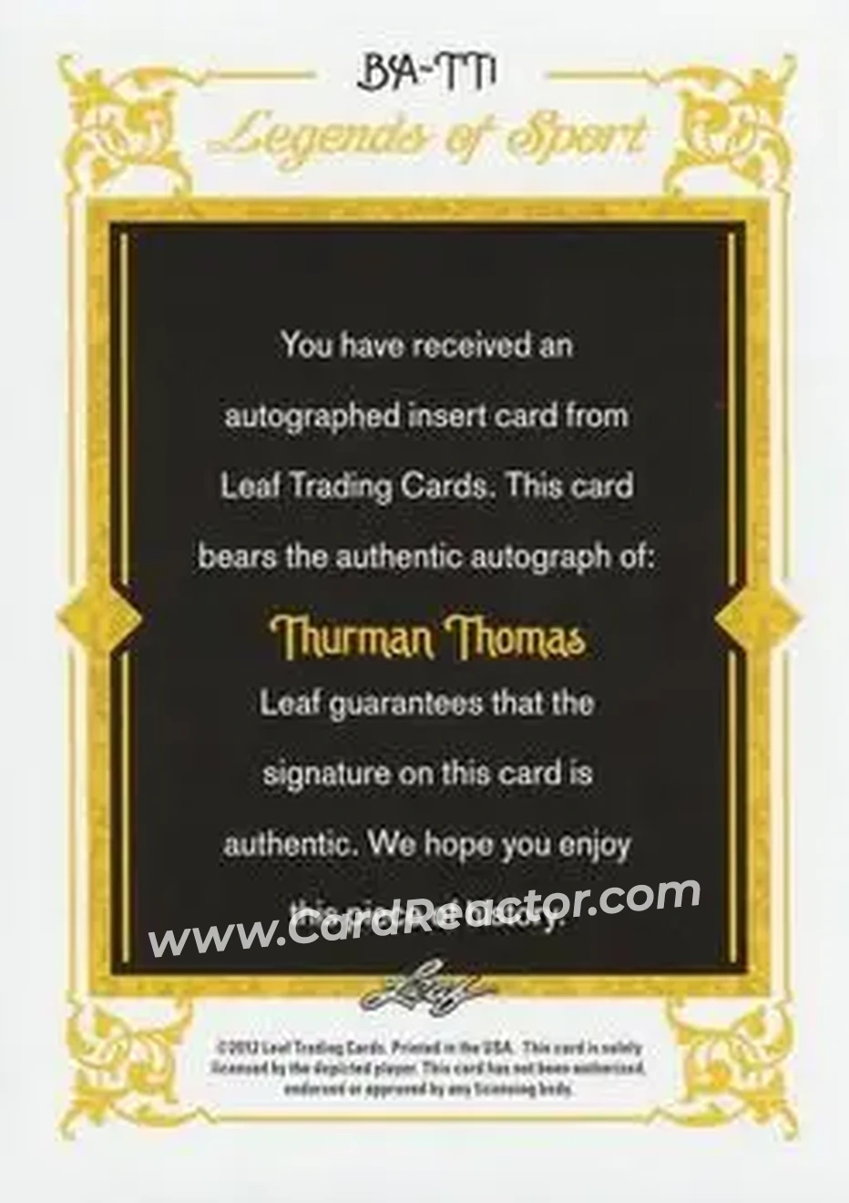 2012 Leaf Legends of Sport #BA-TT1 - Thurman Thomas - Buffalo Bills - Back