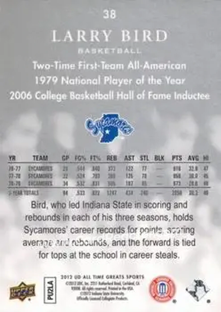 2012 Upper Deck All-Time Greats #38 - Larry Bird - Indiana State Sycamores - Back