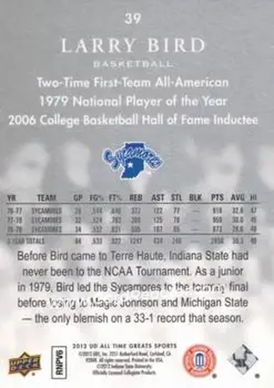 2012 Upper Deck All-Time Greats #39 - Larry Bird - Indiana State Sycamores - Back