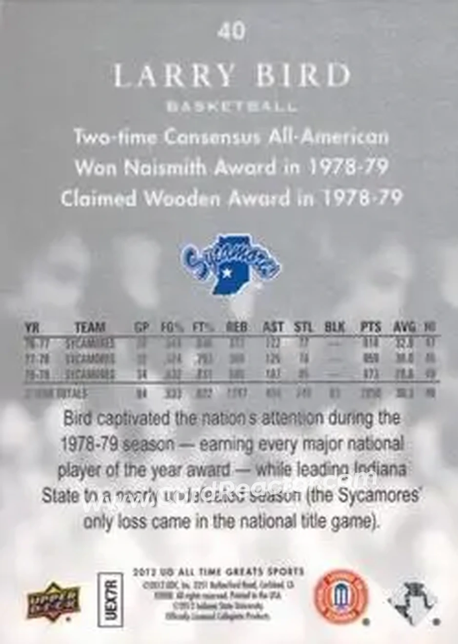 2012 Upper Deck All-Time Greats #40 - Larry Bird - Indiana State Sycamores - Back