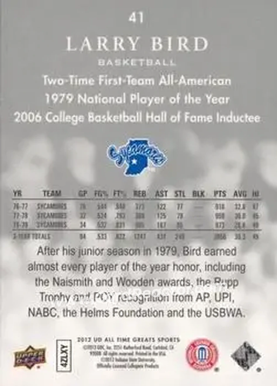 2012 Upper Deck All-Time Greats #41 - Larry Bird - Indiana State Sycamores - Back