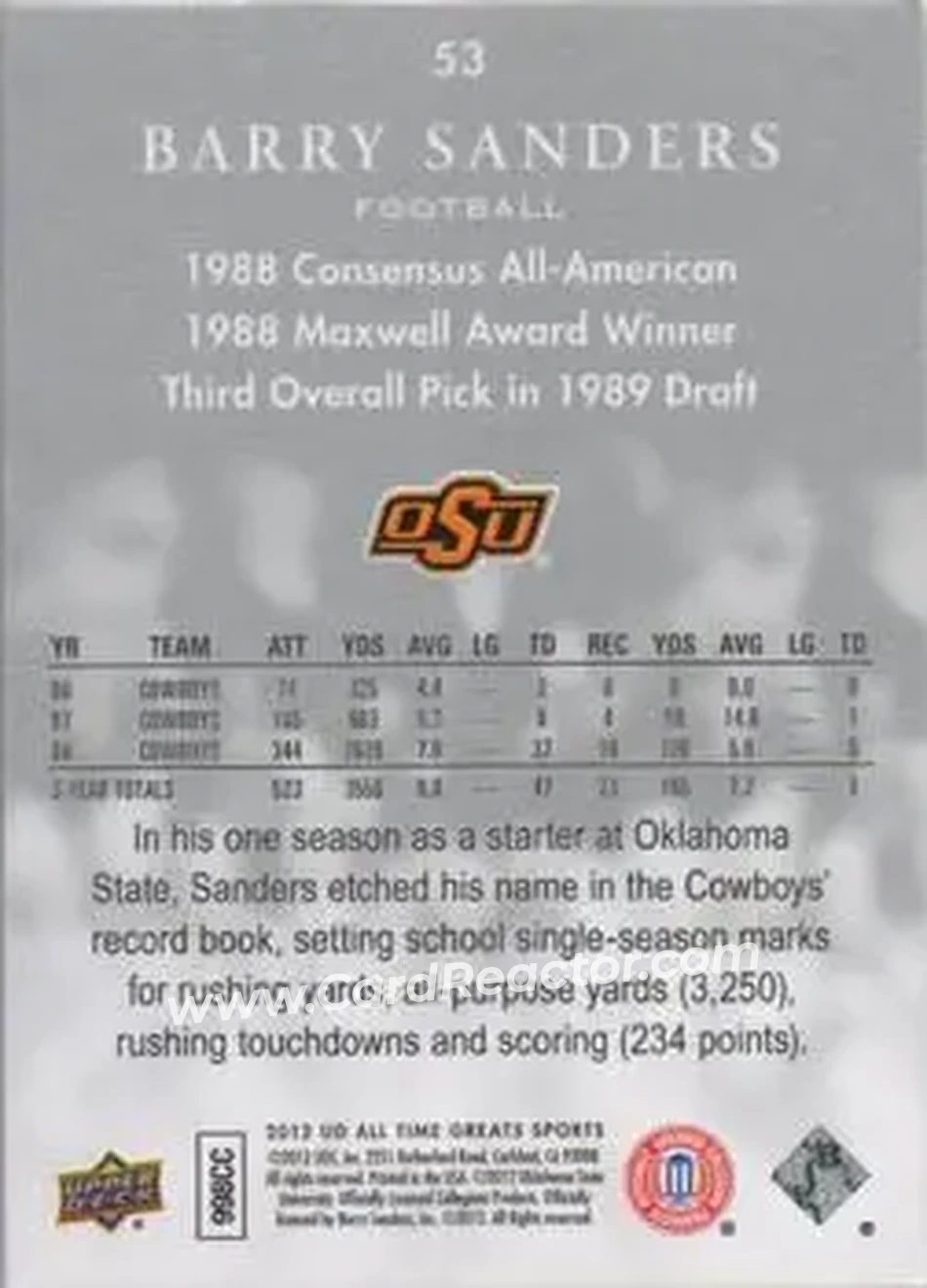 2012 Upper Deck All-Time Greats #53 - Barry Sanders - Oklahoma State Cowboys - Back 2012 Upper Deck All-Time Greats #53 - Barry Sanders - Oklahoma State Cowboys - Back