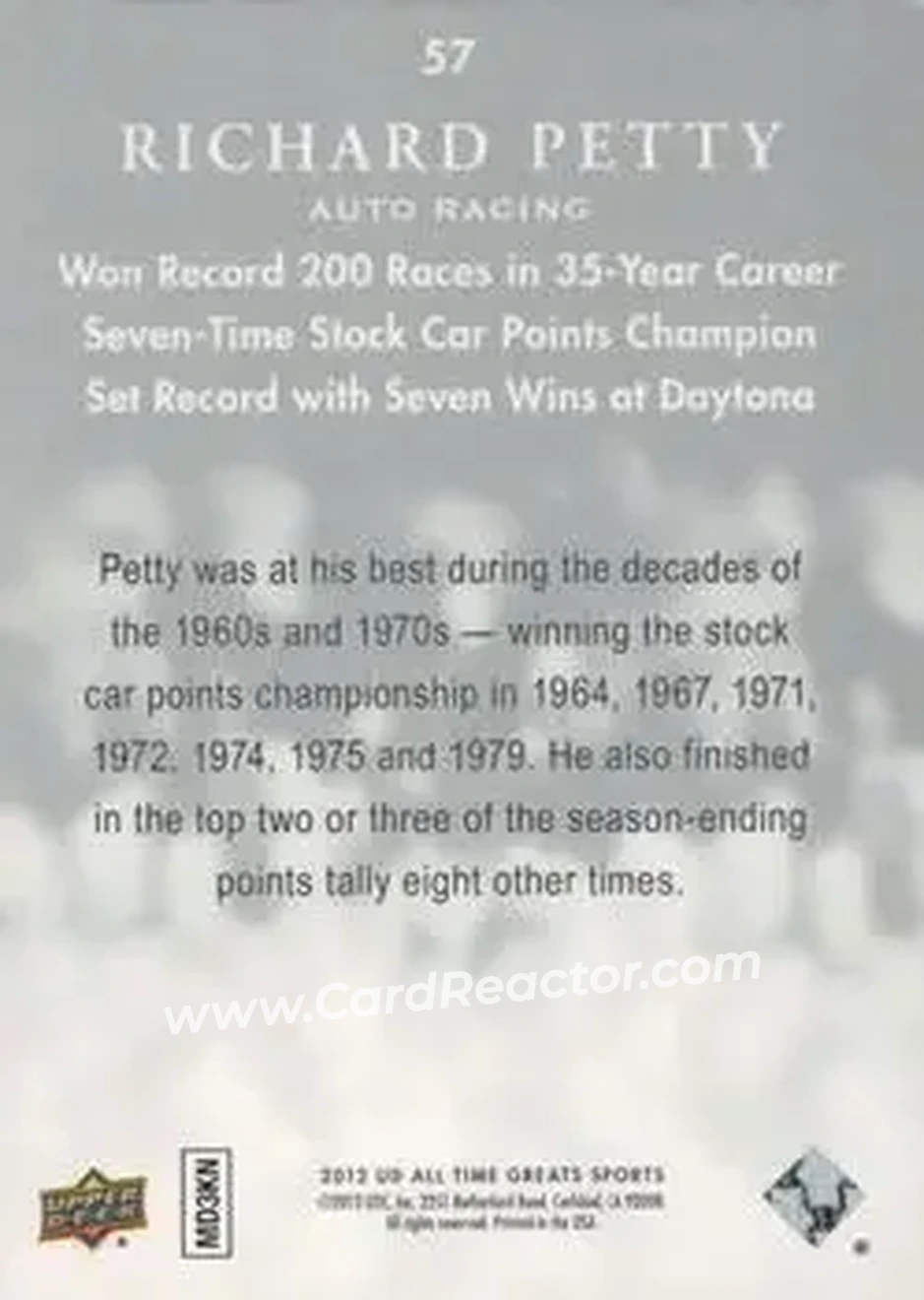 2012 Upper Deck All-Time Greats #57 - Richard Petty - Back