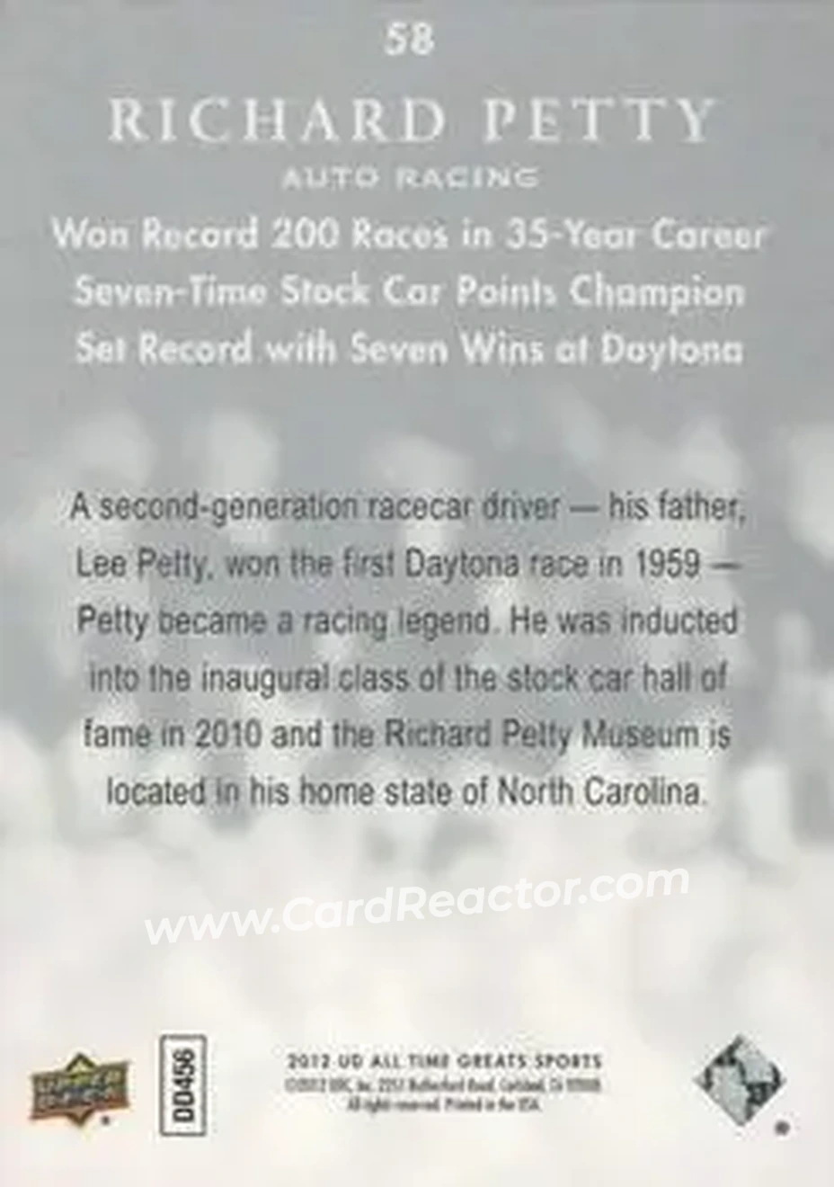 2012 Upper Deck All-Time Greats #58 - Richard Petty - Back