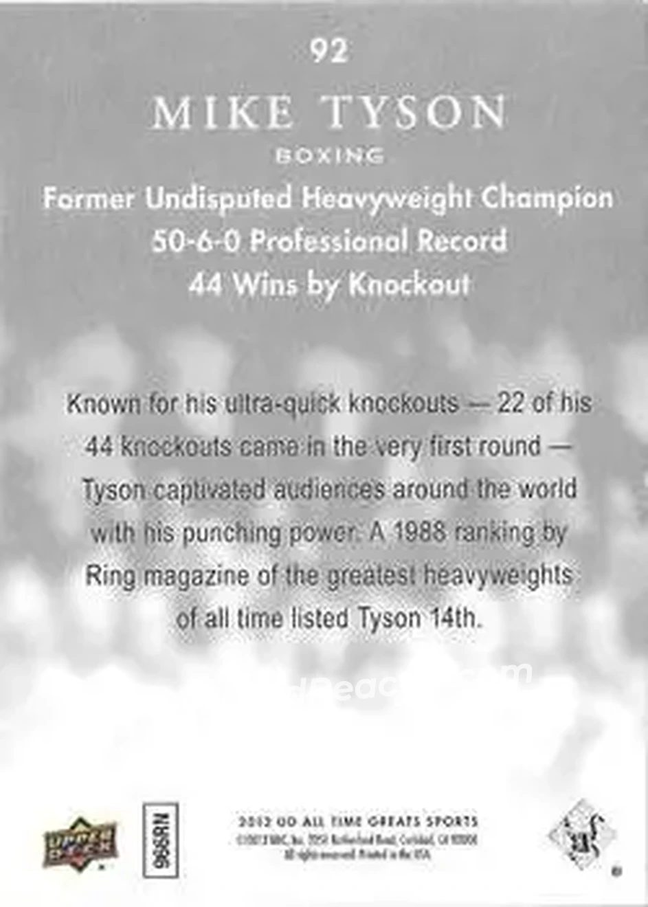 2012 Upper Deck All-Time Greats #92 - Mike Tyson - Back